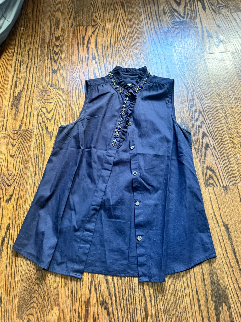 J. Crew Navy Sleeveless A-Line Button Front Top with Beaded Ruffle Collar